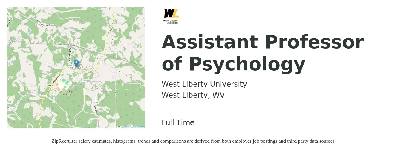 West Liberty University job posting for a Assistant Professor of Psychology in West Liberty, WV with a salary of $59,000 to $73,800 Yearly with a map of West Liberty location.