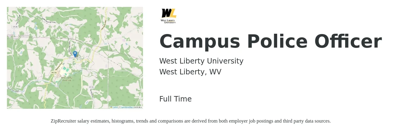 West Liberty University job posting for a Campus Police Officer in West Liberty, WV with a salary of $37,900 to $54,600 Yearly with a map of West Liberty location.