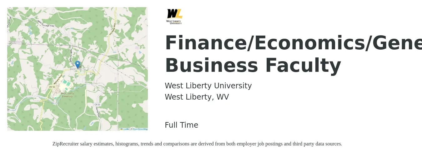West Liberty University job posting for a Finance/Economics/General Business Faculty in West Liberty, WV with a salary of $33 to $51 Hourly with a map of West Liberty location.
