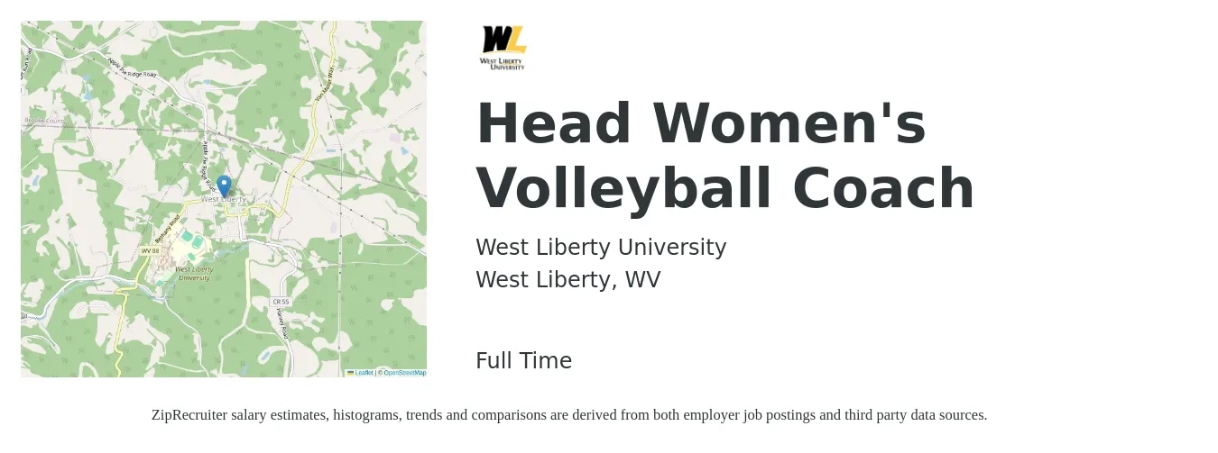 West Liberty University job posting for a Head Women's Volleyball Coach in West Liberty, WV with a salary of $15 to $30 Hourly with a map of West Liberty location.