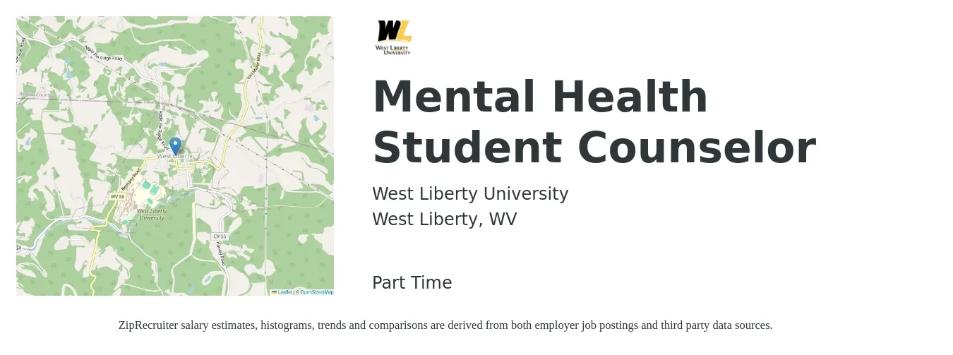 West Liberty University job posting for a Mental Health Student Counselor in West Liberty, WV with a salary of $46,200 to $71,300 Yearly with a map of West Liberty location.