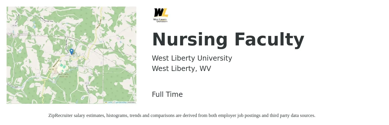 West Liberty University job posting for a Nursing Faculty in West Liberty, WV with a salary of $69,400 to $85,100 Yearly with a map of West Liberty location.
