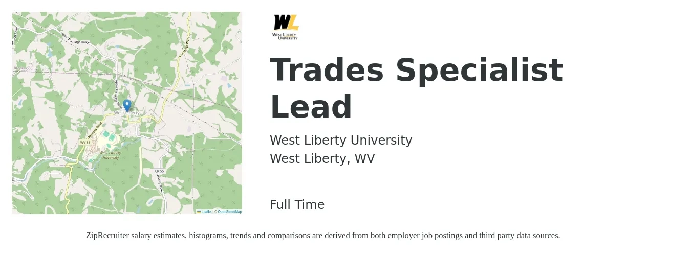 West Liberty University job posting for a Trades Specialist Lead in West Liberty, WV with a salary of $41,300 to $78,200 Yearly with a map of West Liberty location.