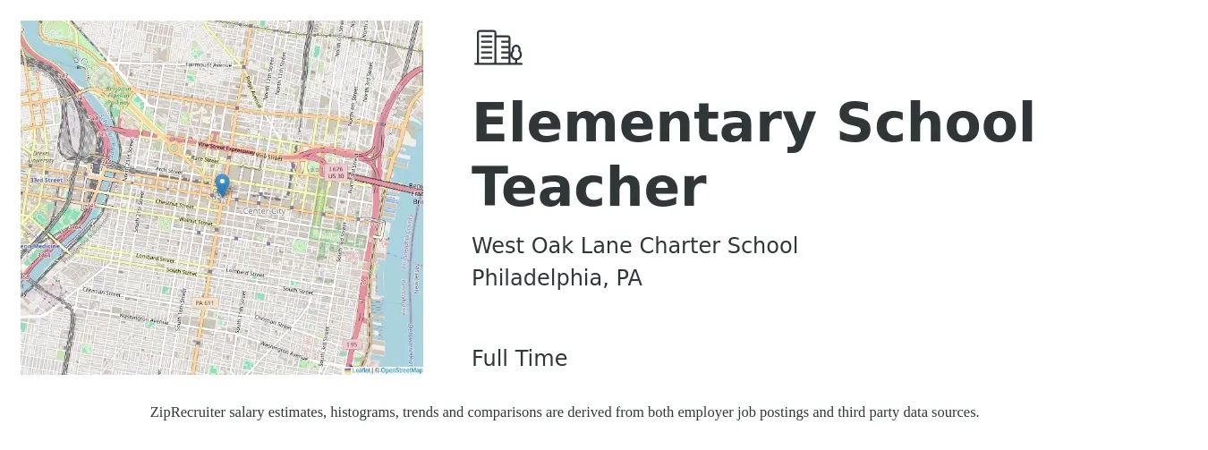 West Oak Lane Charter School job posting for a Elementary School Teacher in Philadelphia, PA with a salary of $41,200 to $55,500 Yearly with a map of Philadelphia location.