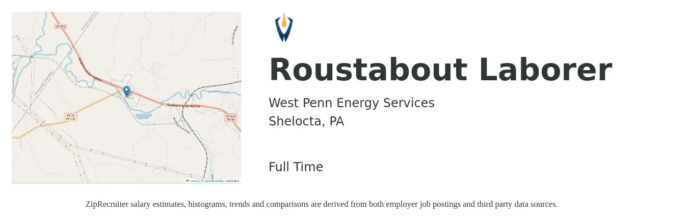 West Penn Energy Services job posting for a Roustabout Laborer in Shelocta, PA with a salary of $14 to $18 Hourly with a map of Shelocta location.