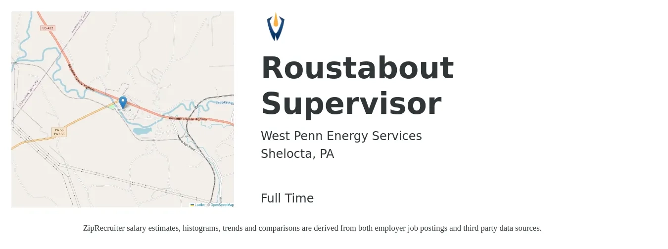 West Penn Energy Services job posting for a Roustabout Supervisor in Shelocta, PA with a salary of $20 to $37 Hourly with a map of Shelocta location.