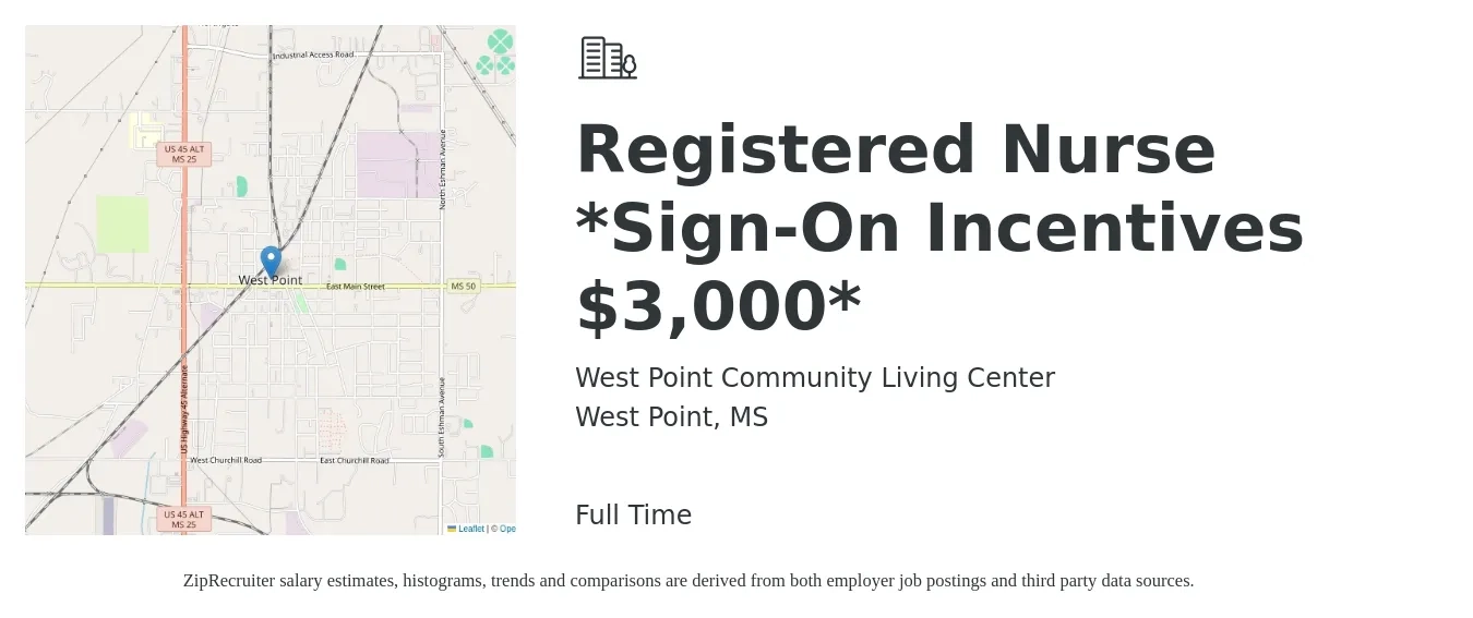 West Point Community Living Center job posting for a Registered Nurse *Sign-On Incentives $3,000* in West Point, MS with a salary of $30 to $46 Hourly with a map of West Point location.