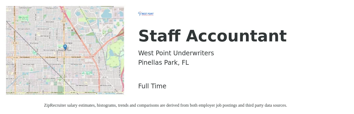 West Point Underwriters job posting for a Staff Accountant in Pinellas Park, FL with a salary of $47,800 to $63,000 Yearly with a map of Pinellas Park location.