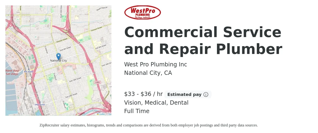 West Pro Plumbing Inc job posting for a Commercial Service and Repair Plumber in National City, CA with a salary of $32 to $35 Hourly and benefits including retirement, vision, dental, and medical with a map of National City location.