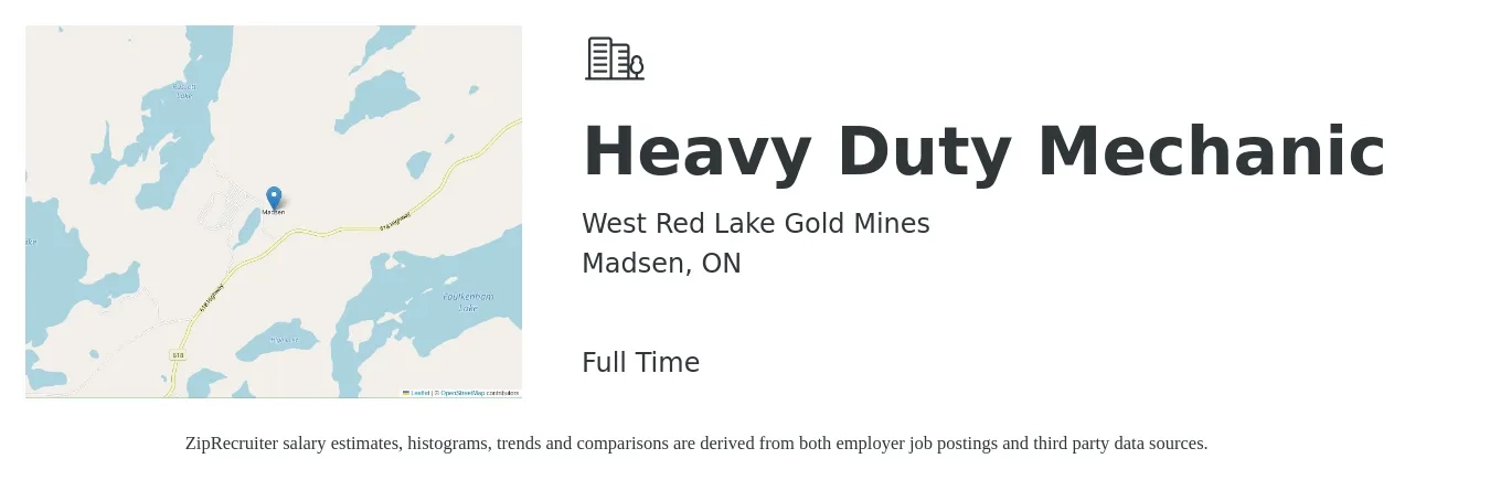 West Red Lake Gold Mines job posting for a Heavy Duty Mechanic in Madsen, ON with a map of Madsen location.