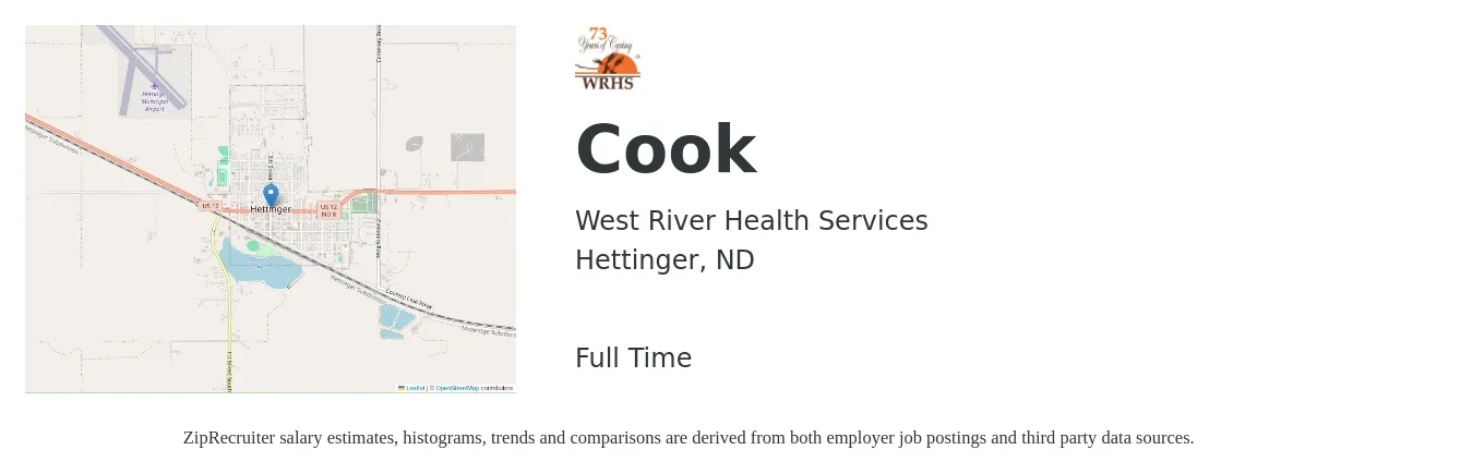 West River Health Services job posting for a Cook in Hettinger, ND with a salary of $17 to $23 Hourly with a map of Hettinger location.