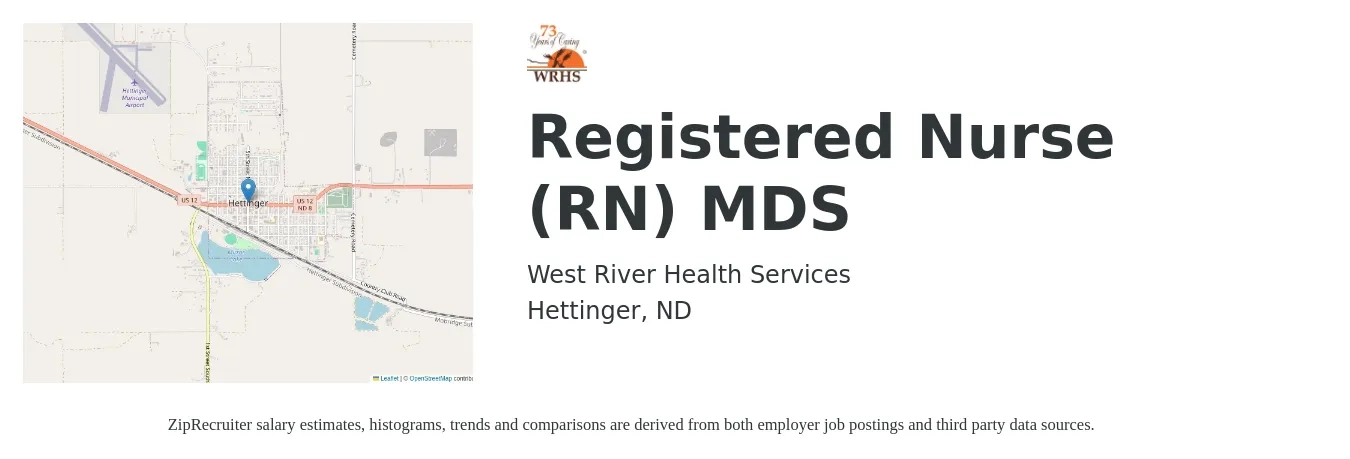 West River Health Services job posting for a Registered Nurse (RN) MDS in Hettinger, ND with a salary of $46 to $56 Hourly with a map of Hettinger location.