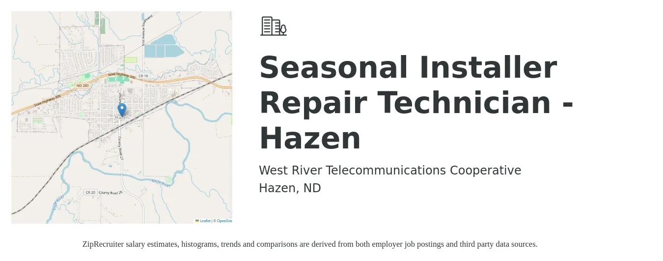 West River Telecommunications Cooperative job posting for a Seasonal Installer Repair Technician - Hazen in Hazen, ND with a salary of $27 to $46 Hourly with a map of Hazen location.