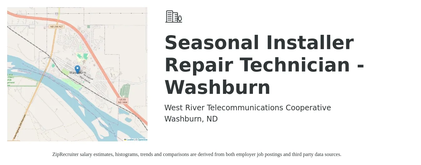 West River Telecommunications Cooperative job posting for a Seasonal Installer Repair Technician - Washburn in Washburn, ND with a salary of $27 to $46 Hourly with a map of Washburn location.