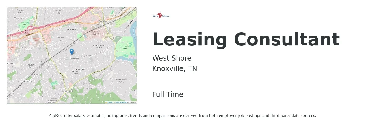 West Shore job posting for a Leasing Consultant in Knoxville, TN with a salary of $14 to $16 Hourly with a map of Knoxville location.