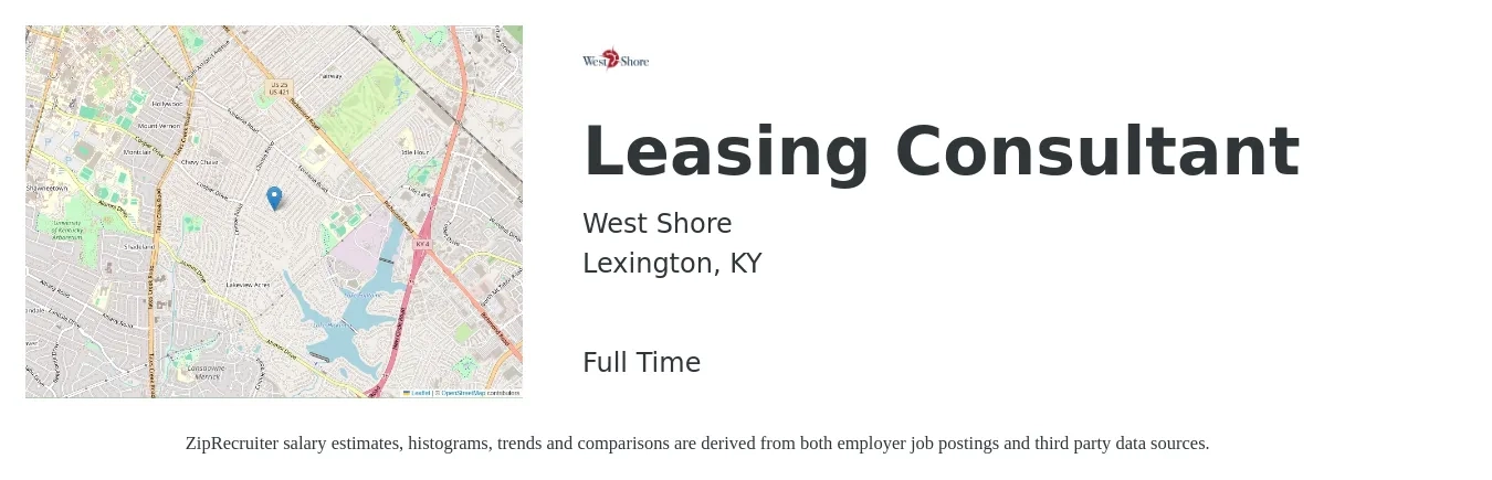 West Shore job posting for a Leasing Consultant in Lexington, KY with a salary of $14 to $16 Hourly with a map of Lexington location.