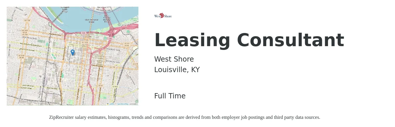 West Shore job posting for a Leasing Consultant in Louisville, KY with a salary of $15 to $18 Hourly with a map of Louisville location.