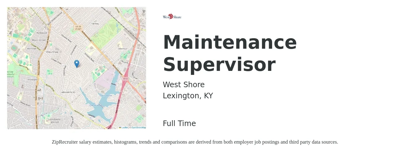 West Shore job posting for a Maintenance Supervisor in Lexington, KY with a salary of $20 to $34 Hourly with a map of Lexington location.