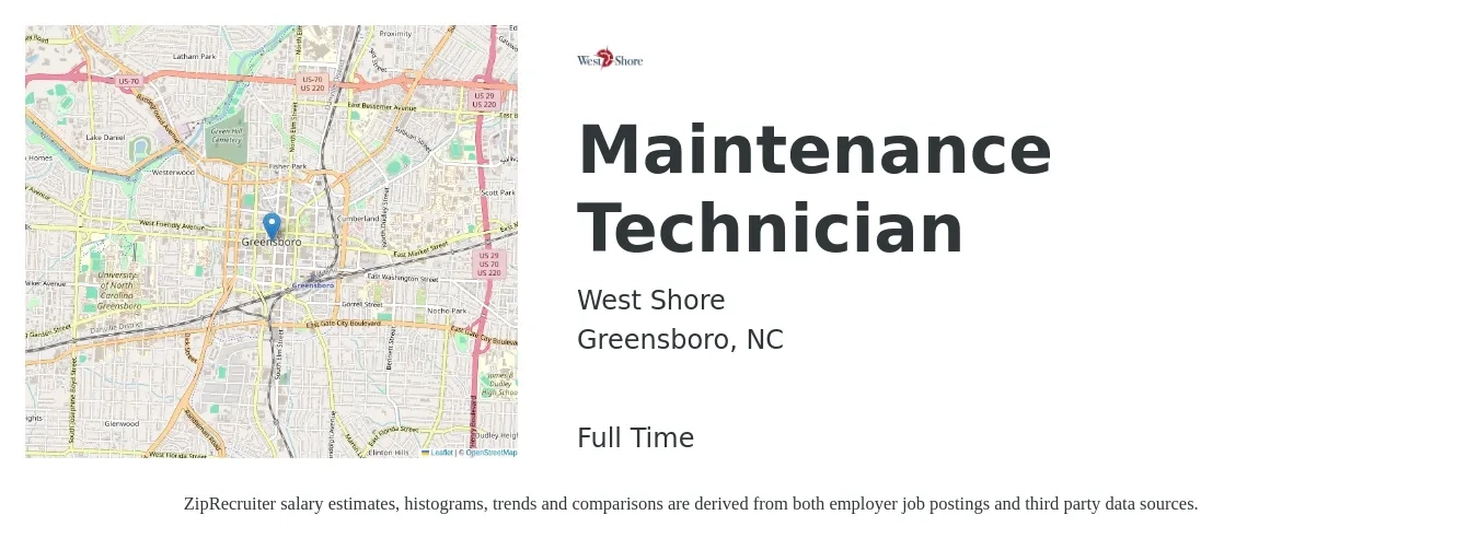 West Shore job posting for a Maintenance Technician in Greensboro, NC with a salary of $19 to $26 Hourly with a map of Greensboro location.