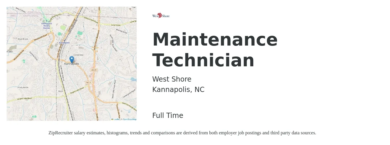 West Shore job posting for a Maintenance Technician in Kannapolis, NC with a salary of $19 to $26 Hourly with a map of Kannapolis location.