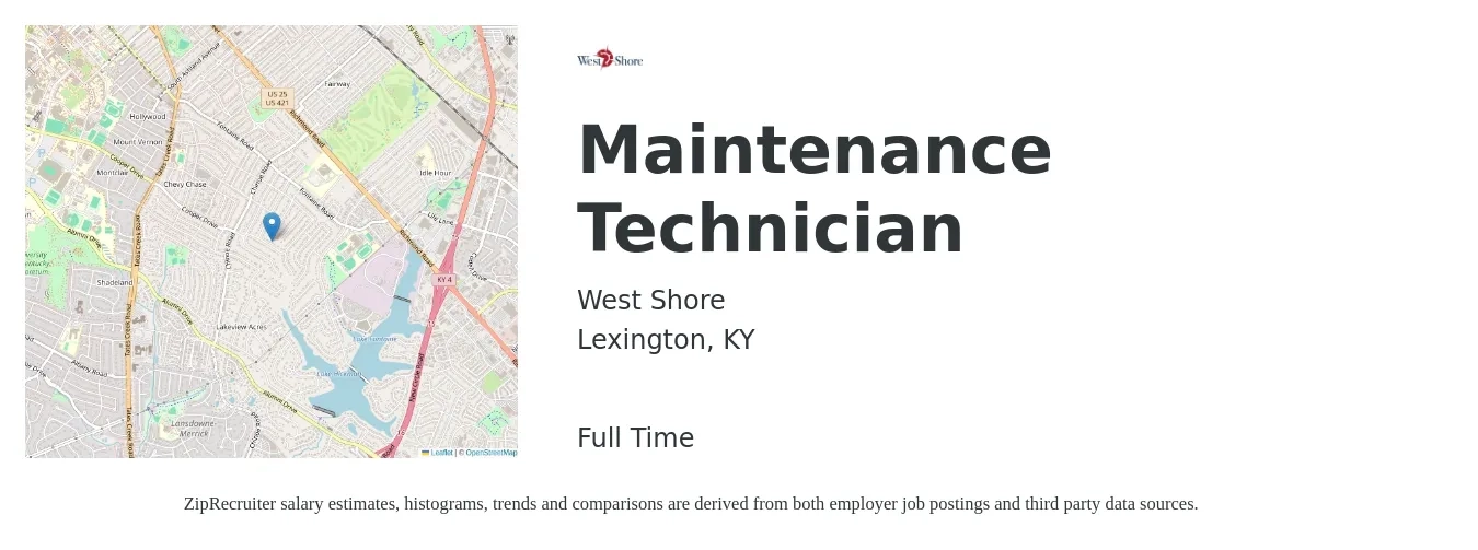 West Shore job posting for a Maintenance Technician in Lexington, KY with a salary of $19 to $26 Hourly with a map of Lexington location.