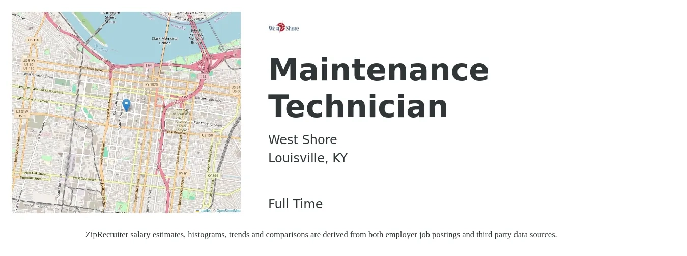 West Shore job posting for a Maintenance Technician in Louisville, KY with a salary of $18 to $24 Hourly with a map of Louisville location.
