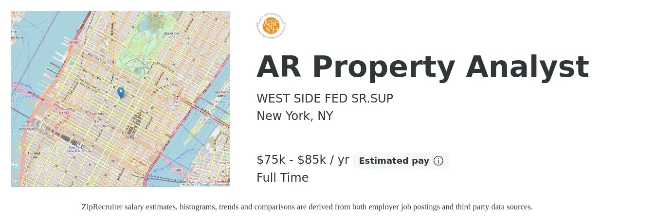 WEST SIDE FED SR.SUP job posting for a AR Property Analyst in New York, NY with a salary of $75,000 to $85,000 Yearly with a map of New York location.