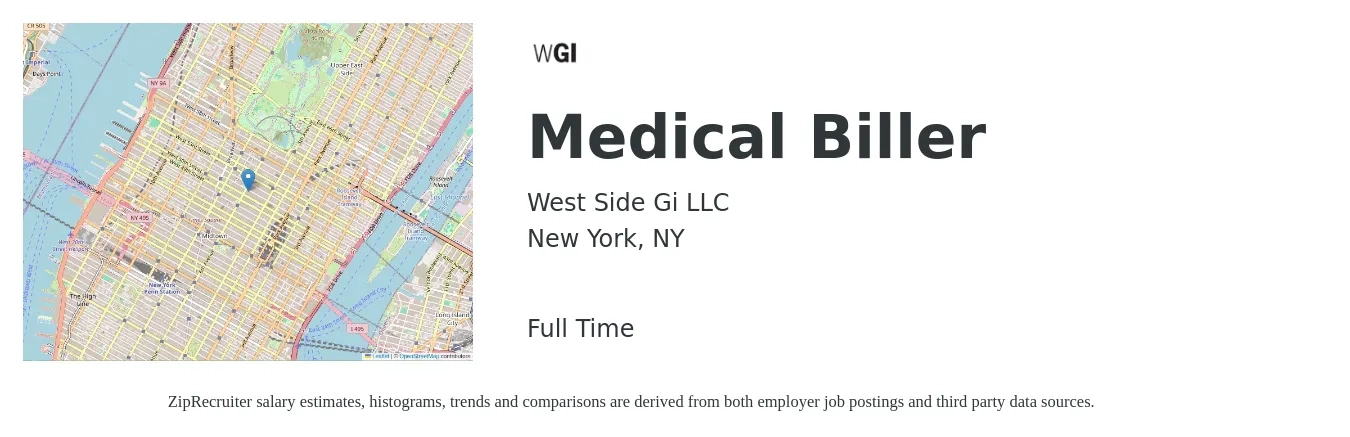 West Side Gi LLC job posting for a Medical Biller in New York, NY with a salary of $20 to $26 Hourly with a map of New York location.