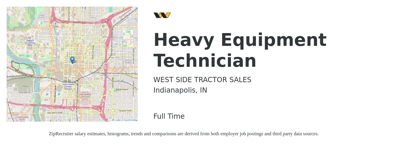 WEST SIDE TRACTOR SALES job posting for a Heavy Equipment Technician in Indianapolis, IN with a salary of $22 to $31 Hourly with a map of Indianapolis location.