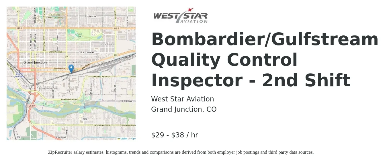 West Star Aviation job posting for a Bombardier/Gulfstream Quality Control Inspector - 2nd Shift in Grand Junction, CO with a salary of $31 to $40 Hourly with a map of Grand Junction location.