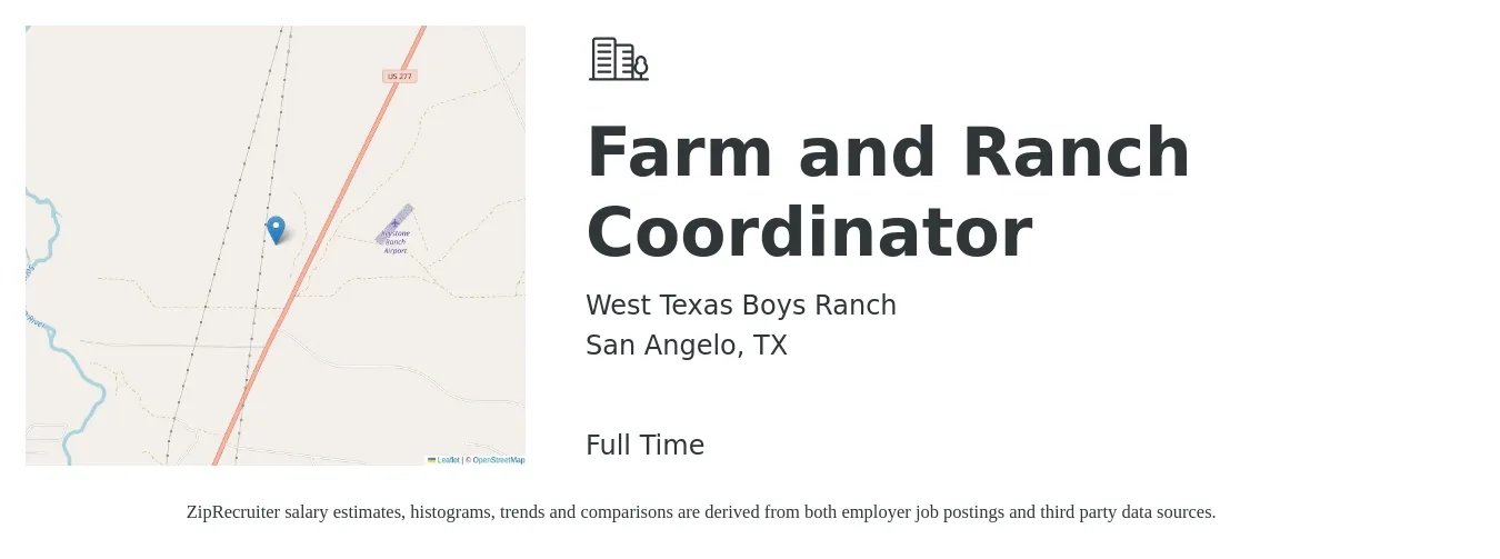 West Texas Boys Ranch job posting for a Farm and Ranch Coordinator in San Angelo, TX with a salary of $14 to $23 Hourly with a map of San Angelo location.