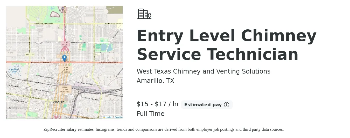 West Texas Chimney and Venting Solutions job posting for a Entry Level Chimney Service Technician in Amarillo, TX with a salary of $16 to $18 Hourly with a map of Amarillo location.