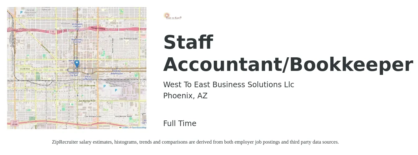 West To East Business Solutions Llc job posting for a Staff Accountant/Bookkeeper in Phoenix, AZ with a salary of $54,600 to $72,000 Yearly with a map of Phoenix location.