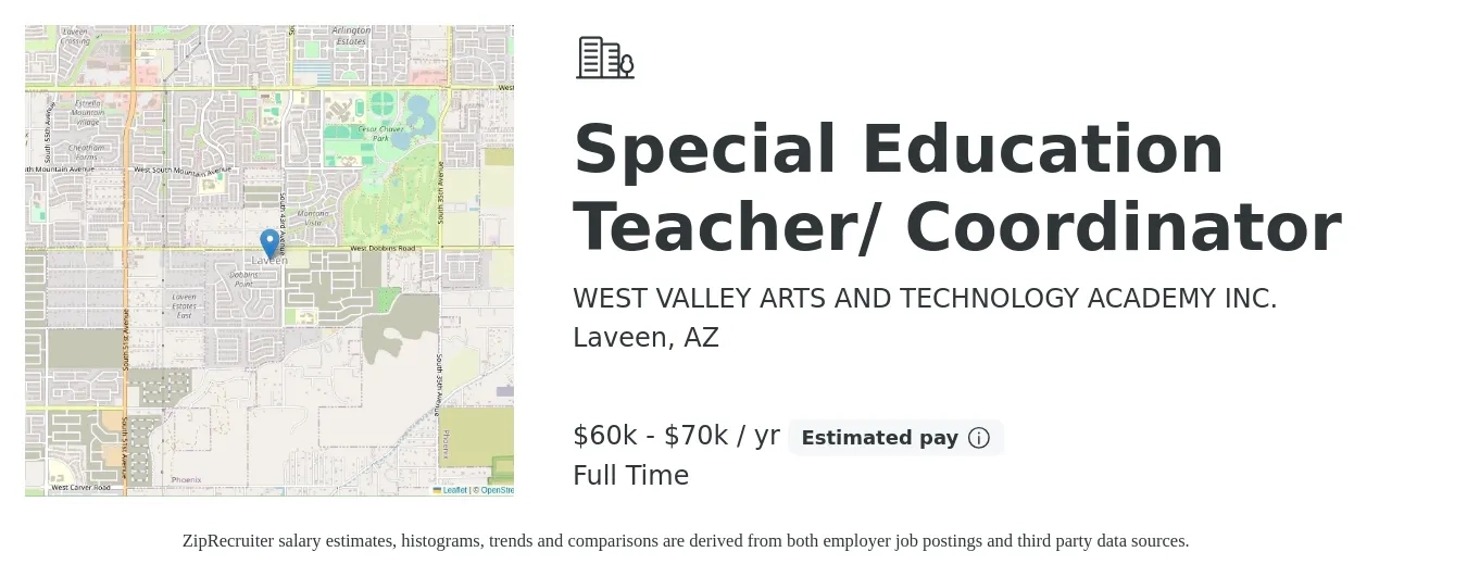 WEST VALLEY ARTS AND TECHNOLOGY ACADEMY INC. job posting for a Special Education Teacher/ Coordinator in Laveen, AZ with a salary of $60,000 to $70,000 Yearly with a map of Laveen location.