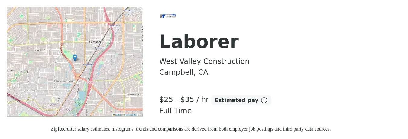 West Valley Construction job posting for a Laborer in Campbell, CA with a salary of $26 to $36 Hourly with a map of Campbell location.