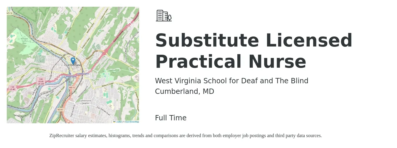 West Virginia School for Deaf and The Blind job posting for a Substitute Licensed Practical Nurse in Cumberland, MD with a salary of $26 to $34 Hourly with a map of Cumberland location.