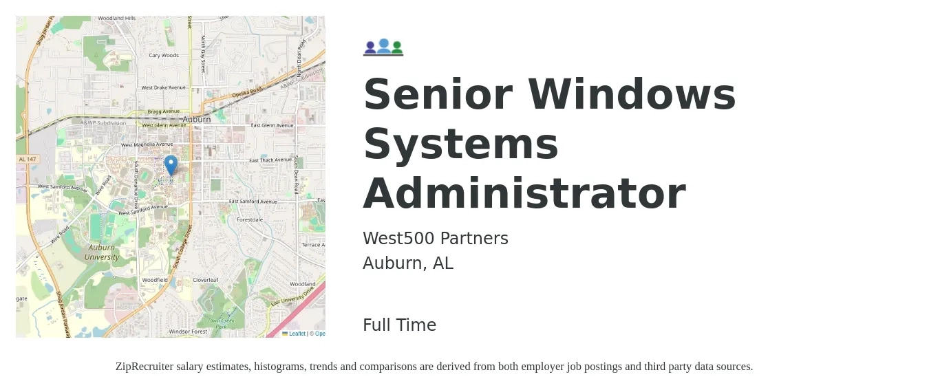 West500 Partners job posting for a Senior Windows Systems Administrator in Auburn, AL with a salary of $81,600 to $98,300 Yearly with a map of Auburn location.