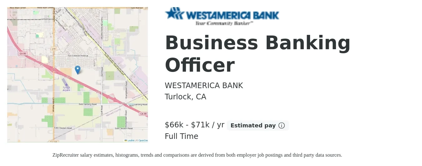 Westamerica Bank job posting for a Business Banking Officer in Turlock, CA with a salary of $66,560 to $71,695 Yearly with a map of Turlock location.