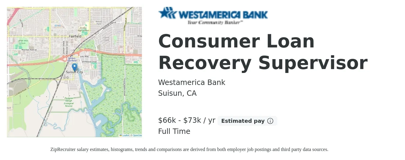 Westamerica Bank job posting for a Consumer Loan Recovery Supervisor in Suisun, CA with a salary of $66,560 to $73,862 Yearly with a map of Suisun location.