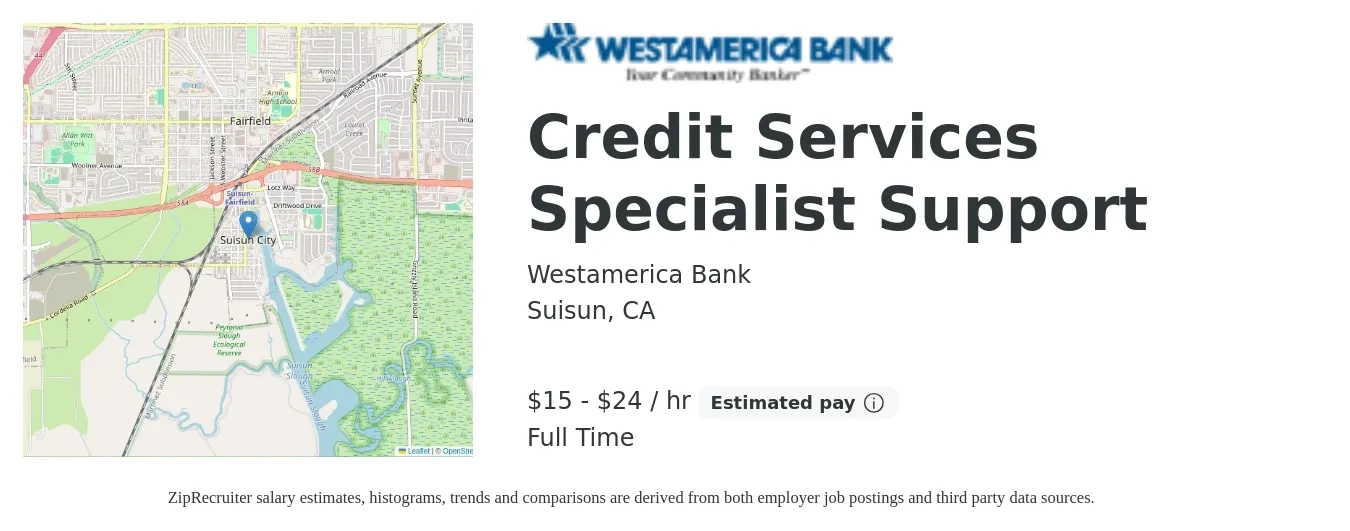 Westamerica Bank job posting for a Credit Services Specialist Support in Suisun, CA with a salary of $16 to $25 Hourly with a map of Suisun location.