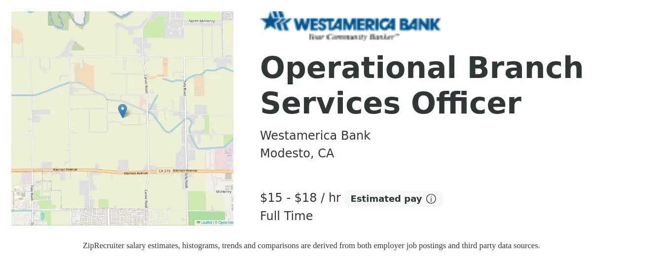 Westamerica Bank job posting for a Operational Branch Services Officer in Modesto, CA with a salary of $16 to $19 Hourly with a map of Modesto location.