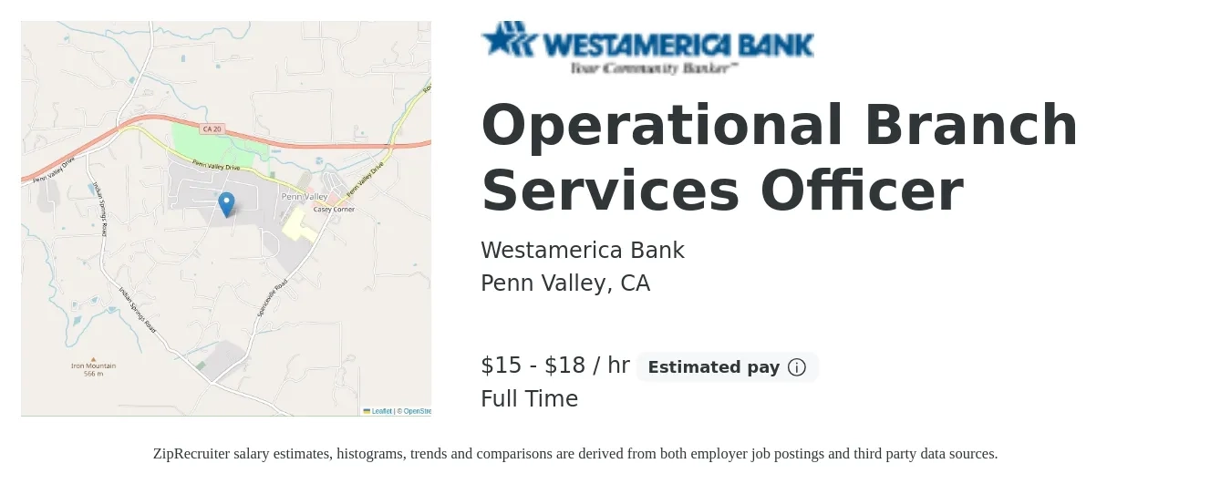 Westamerica Bank job posting for a Operational Branch Services Officer in Penn Valley, CA with a salary of $16 to $19 Hourly with a map of Penn Valley location.