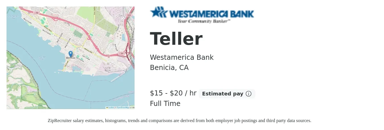 Westamerica Bank job posting for a Teller in Benicia, CA with a salary of $16 to $21 Hourly with a map of Benicia location.