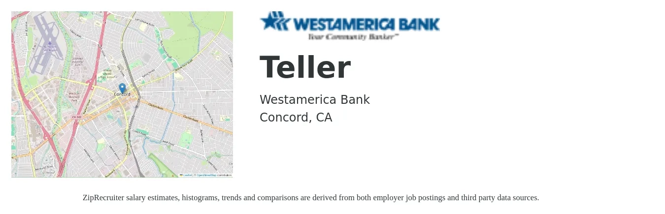 Westamerica Bank job posting for a Teller in Concord, CA with a salary of $16 to $21 Hourly with a map of Concord location.