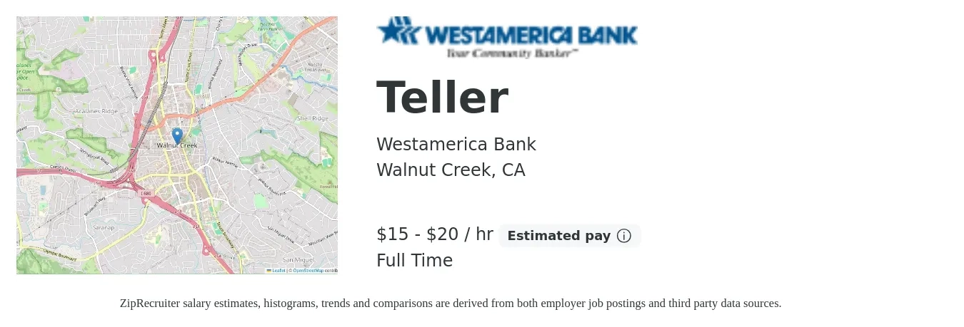 Westamerica Bank job posting for a Teller in Walnut Creek, CA with a salary of $16 to $21 Hourly with a map of Walnut Creek location.