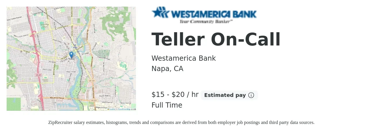 Westamerica Bank job posting for a Teller On-Call in Napa, CA with a salary of $16 to $21 Hourly with a map of Napa location.