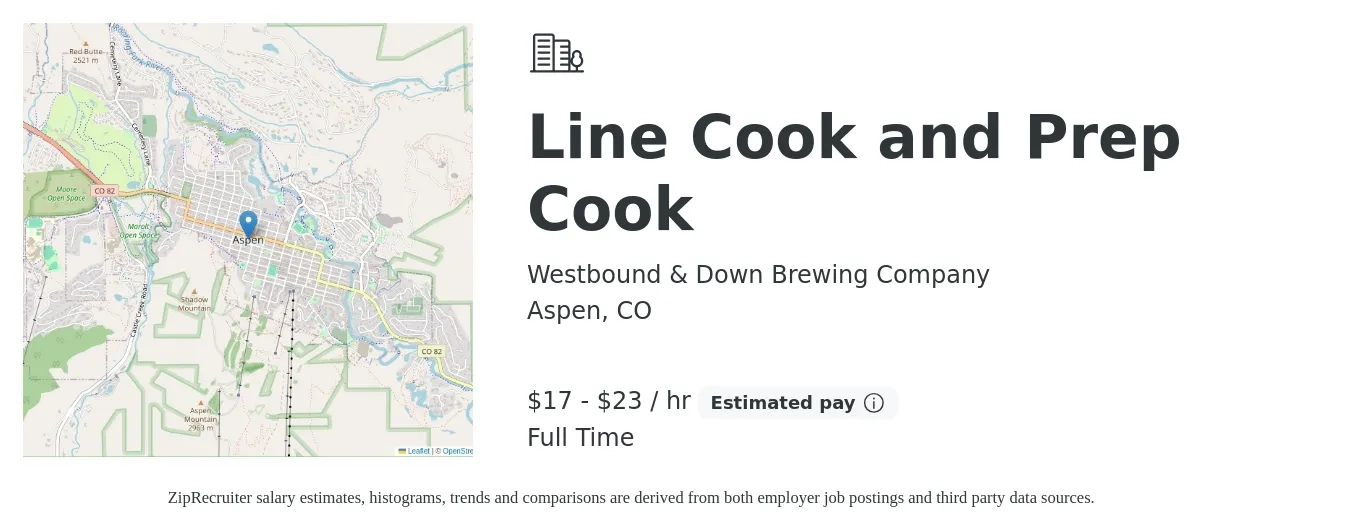 Westbound & Down Brewing Company job posting for a Line Cook and Prep Cook in Aspen, CO with a salary of $18 to $24 Hourly with a map of Aspen location.
