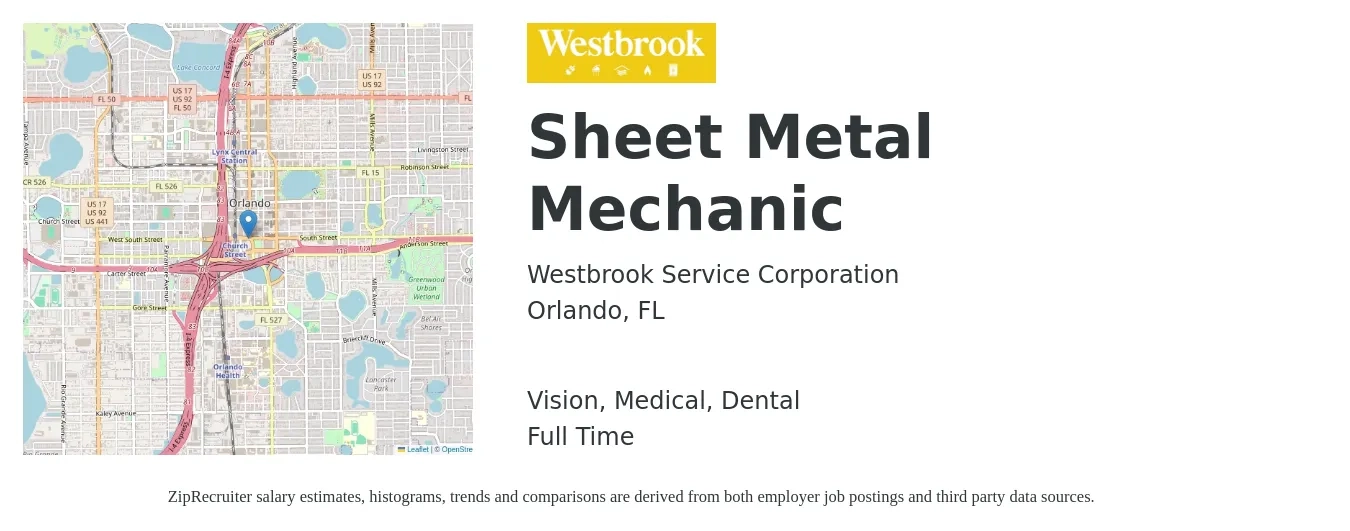 Westbrook Service Corporation job posting for a Sheet Metal Mechanic in Orlando, FL with a salary of $22 to $28 Hourly and benefits including pto, retirement, vision, dental, life_insurance, and medical with a map of Orlando location.