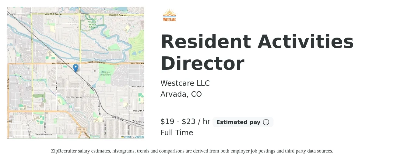 Westcare LLC job posting for a Resident Activities Director in Arvada, CO with a salary of $20 to $24 Hourly with a map of Arvada location.