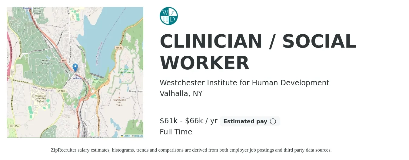 Westchester Institute for Human Development job posting for a CLINICIAN / SOCIAL WORKER in Valhalla, NY with a salary of $61,000 to $66,500 Yearly with a map of Valhalla location.